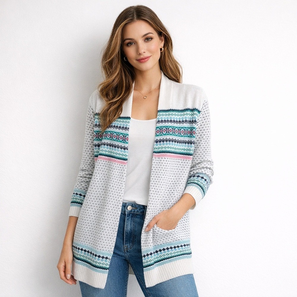 Talbots Fair Isle Long Open Cardigan Size Small Green Blue Ivory Breton Cozy